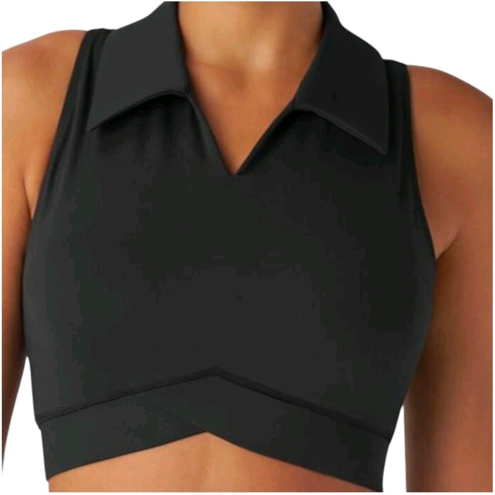Halara Black Sleeveless Collared Sports Bra Polo Top Crossover Hem Medium